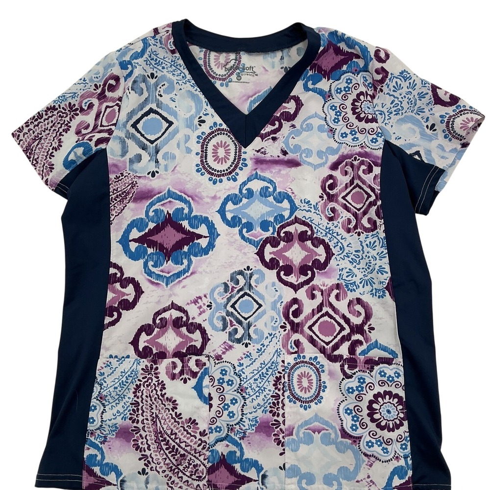 Butter-Soft Stretch Scrub Top Womens M Navy Purple Paisley V-Neck Modern Boho